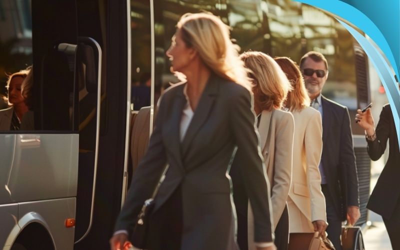 Group Boarding a Rental Bus for a Corporate Event, bus rental, Bus rental, May 2024, Australia.